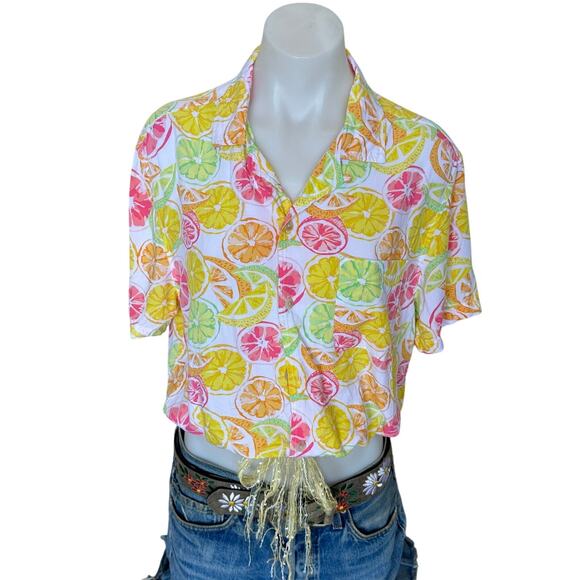 Lemon Citrus Print Button Down Crop Top One Size Boxy Shirt Retro 80s Unique - Picture 1 of 6